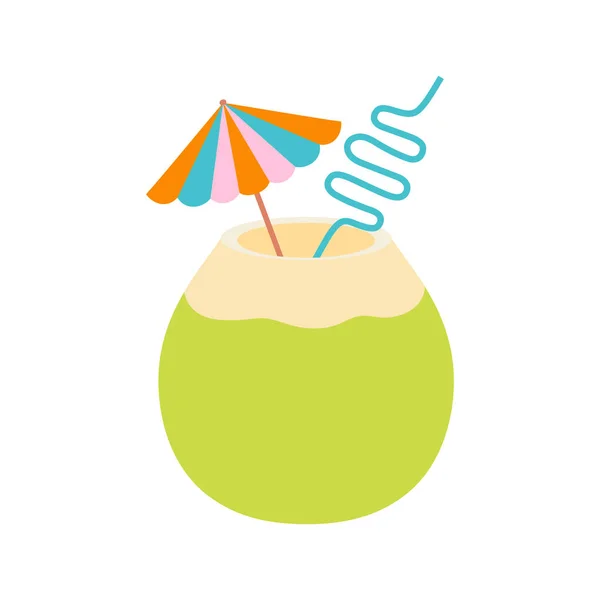 一半新鲜的绿色椰子 带有酒草和小伞 热带鸡尾酒 卡通矢量画图的扁平风格 — 图库矢量图片