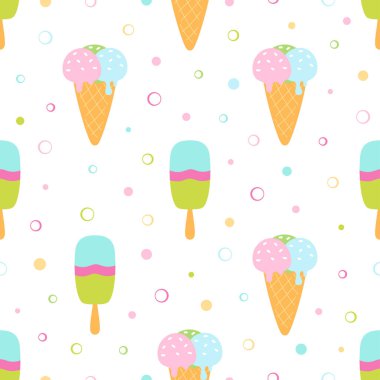 Dondurmalar pürüzsüz desen, karikatür yaz baskısı waffle külahında dondurma ve çubuk, tatlı yemek vektör dokusu