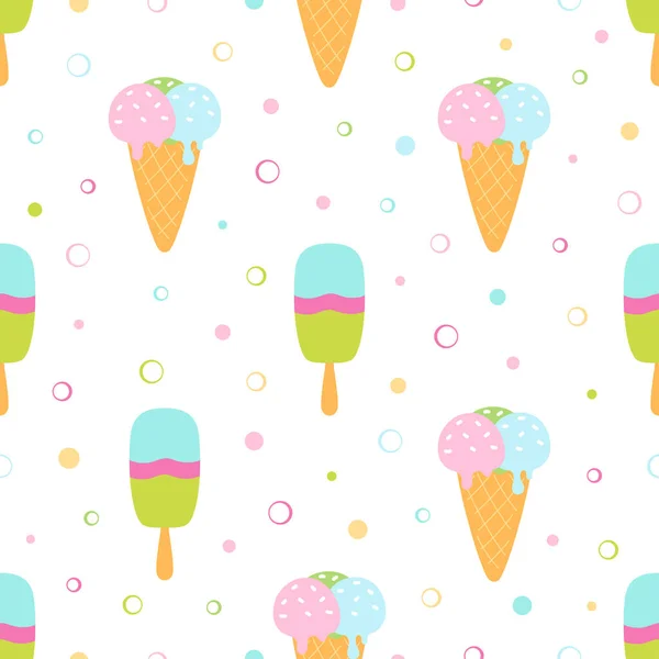 冰淇淋无缝图案 卡通画夏季打印与冰淇淋在华夫饼锥和棒上 甜食品矢量纹理 — 图库矢量图片
