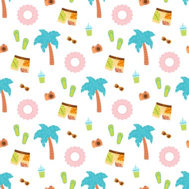 Yaz elementlerine sahip vektör pürüzsüz desen palmiye ağacı, şort, parmak arası terlik, güneş gözlüğü ve şişme yüzük, tatil plajı izi olan çocuklar için sevimli düz arkaplan.