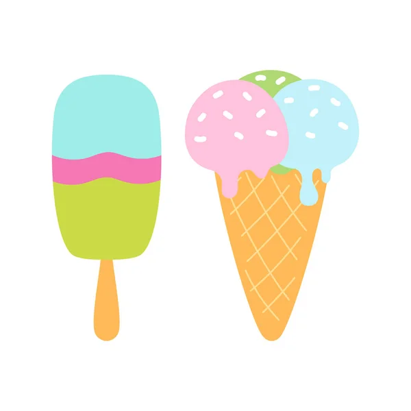 一套美味的冰淇淋 不同口味的甜夏季肉冻 华夫饼蛋筒中的冰淇淋 用白色的手杖隔离 用扁平的卡通矢量图解 — 图库矢量图片