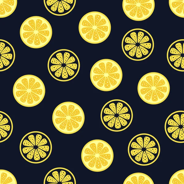 Красочный Цитрусовый Бесшовный Узор Ломтики Лимона Черном Фоне Свежие Сочные — стоковый вектор