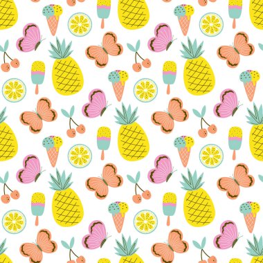 Tropikal meyveler, dondurmalar ve kelebeklerle renksiz yaz şablonu, egzotik sağlıklı vitamin gıdalarıyla basılabilir sonsuz doku tasarımı, renkli düz vektör çizimi