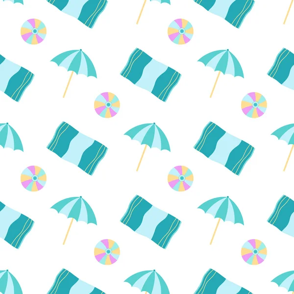 Beach Backgraund Umbrellas Balls Beach Towels Seamless Vacation Pattern Summer — Stock Vector