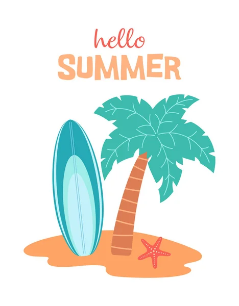 Merhaba Yaz Arkaplanı Palmiye Ağacı Adalı Karikatür Baskısı Sörf Tahtası — Stok Vektör