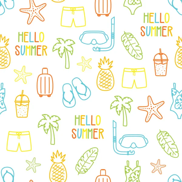 Cartoon Tropical Colorful Seamless Pattern Outline Background Summer Elements Print — Stock Vector