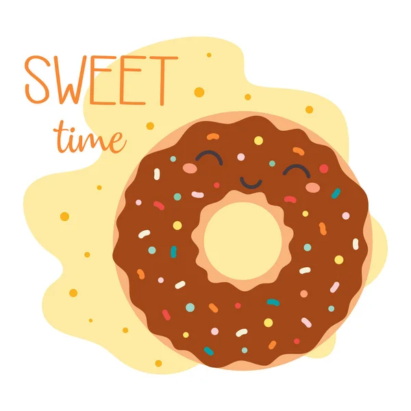 Donut Divertido Lindo Con Letras Tiempo Dulce Ilustración Vectorial Estilo — Vector de stock