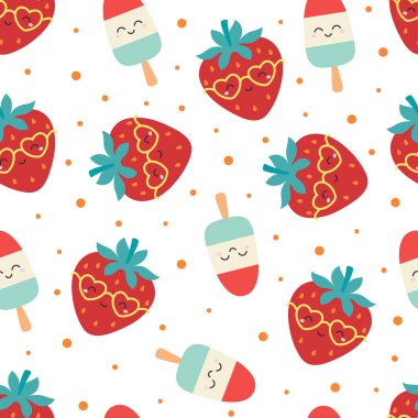 Güneş gözlüklü ve dondurmalı pembe çilekli sevimli bir çizgi film karakteri. Yaz tasarımı için kusursuz bir model.