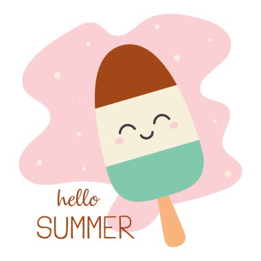 vektör çizgi film illüstrasyonu basit çocuksu tarzda dondurma ile, şirin buzlu dondurma Merhaba yaz tebrik kartı tasarımı, düz stil