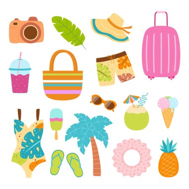 Yaz çıkartmaları, tropikal tatil için ikonlar, mevsimsel elementler koleksiyonu, dondurma, ananas, tropik yapraklar, kokteyller, palmiye ağaçları, kamera, plaj aksesuarları.