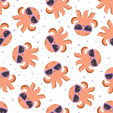 Güneş gözlüklü şirin ahtapotlar, çocuk giysileri, ambalaj kağıdı, kumaş, web tasarımı, yaz vektörü düz çizim.