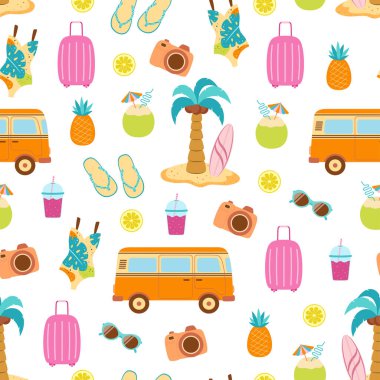 Beyaz arka planda hippi minibüsü olan kusursuz vektör deseni, eski yaz duvar kağıdı, araba, palmiye ağacı ve farklı plaj elemanları düz stil.