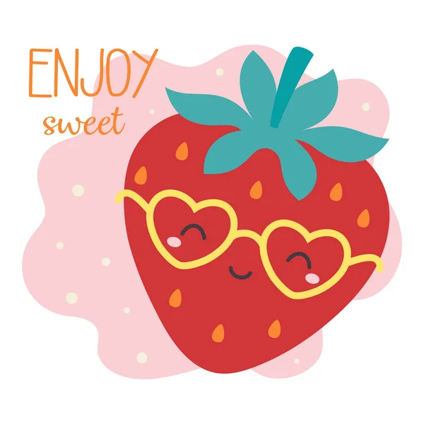 有可爱卡通人物和字母的夏季卡片 享受甜甜的 可爱的水果 戴着眼镜 面带微笑 风格扁平 — 图库矢量图片