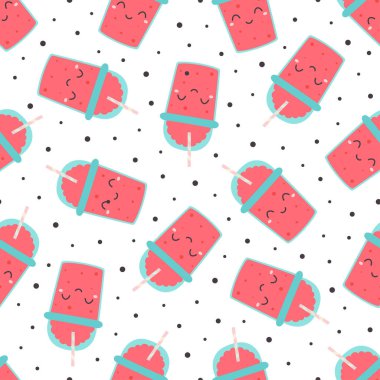 Farklı meyve ve böğürtlenli kusursuz desenli baloncuk çayı, beyaz arkaplanda izole edilmiş karikatür vektör çizimi, plastik bardakta süt kokteyli.