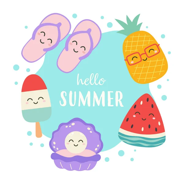 Hello Summer Card Characters Ice Cream Watermelon Flip Flops Pineapple — Stock Vector
