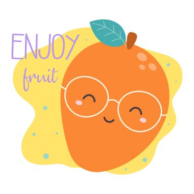 Meyve kavramlı vektör illüstrasyonu, tatlı mango karakteri ve harfli yaz kartı.