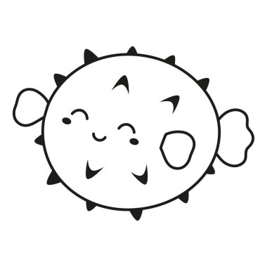 Beyaz üzerine izole edilmiş, düz stil balık üfleme vektör şirin çizgi film, dış hatlar içinde deniz hayvanı karakteri çizimi, okyanus hayvan clipart