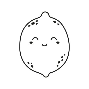 Yüzü olan şirin kawaii limonunun vektör çizimi, çizgi film meyveli kart, çocuklar için sağlıklı yiyecekler, düz stil.