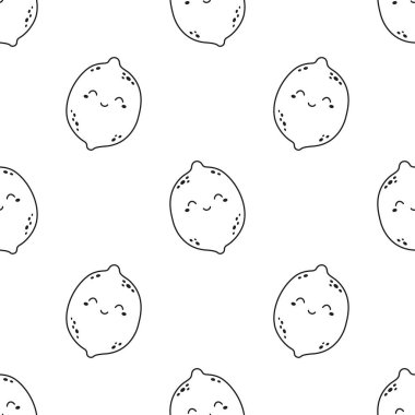 Limon karakterli vektörsüz desen, siyah ve beyaz renklerde sevimli ana hatlı meyve çizimi