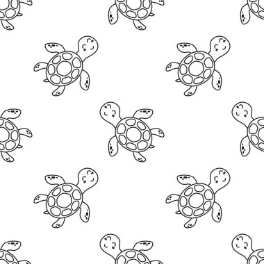 Şirin bir karikatür kaplumbağası olan kusursuz bir deniz şablonu ana hatları olan bir arka plan.