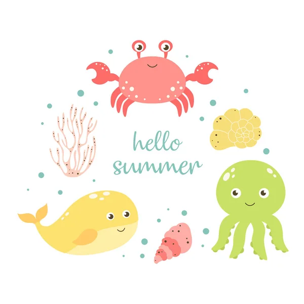 框架与水下动物和题词你好夏天隔离白色背景 一套可爱的卡通蟹 贝壳和珊瑚 — 图库矢量图片