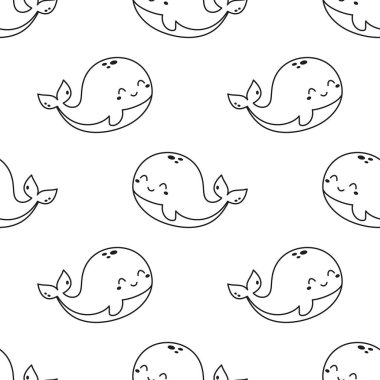 dikişsiz deniz balinası deseni, ana hatlarıyla okyanus balıklarının gülümsediği vektör çizimi, çevre çizgisi, renk şablonu sualtı dünyası.