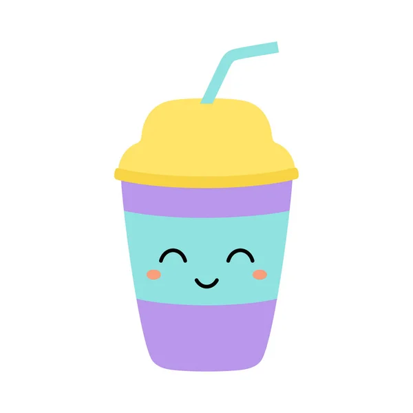 Cute Cup Soda Cartoon Komische Karakter Met Glimlachend Gezicht Gelukkig — Stockvector