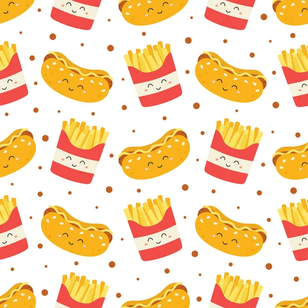 Bezešvé Vzor Hot Dog Hranolky Znaky Bílém Pozadí Vektorové Ilustrace — Stockový vektor