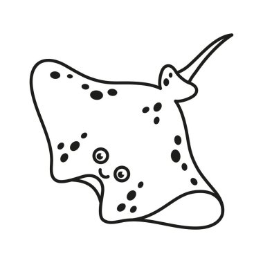 Siyah ve beyaz vatoz ikonu, deniz hattı çiziminin altında sevimli komik ışın balığı, çocuklar için karikatür okyanus hayvanı