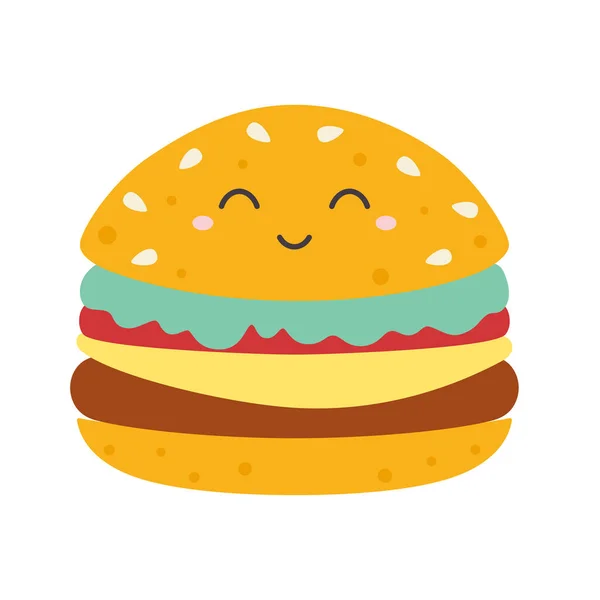 Glücklich Lächelnd Kawaii Niedlichen Burger Vektor Flache Zeichentrickfigur Illustration Isoliert — Stockvektor