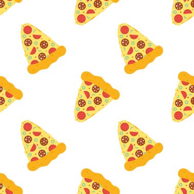 colorful seamless pattern with delicious pizza slices on white background, tasty Italian fast food meal, vector illustration for textile print, wallpaper, backdrop, wrapping paper