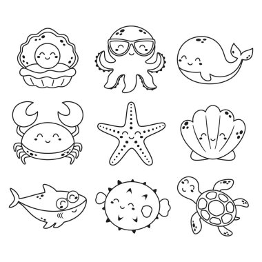 cute sea fishes characters isolated on white, childish set of outline sea animal, vector illustration of cartoon crab, shell, octopus, turtle, starfish and whale with shark