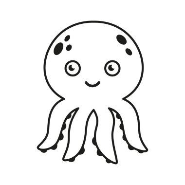 Beyaz zemin üzerinde izole edilmiş çizgi film ahtapotu, siyah ve beyaz vektör çizimi