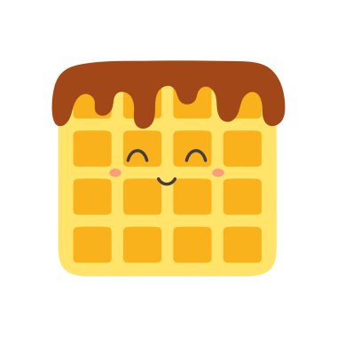 Çikolatalı karikatür Belçikalı waffle karakteri, beyaz arka planda izole edilmiş gülen yüzlü tatlı iştah açıcı kişiliğinin vektör çizimi, komik kurabiye, hamur işi, kahvaltı konsepti.