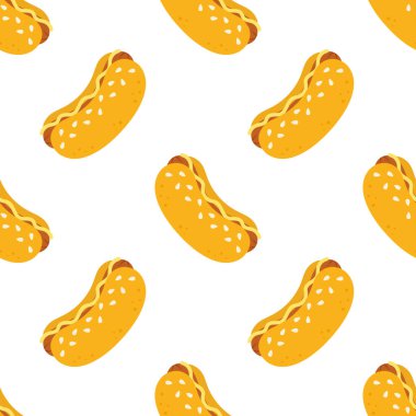 Çizgi film sosislileri kusursuz, fast food geçmişi, beyaz arka planda leziz renkli çizimler, tekrar eden yiyecekler.