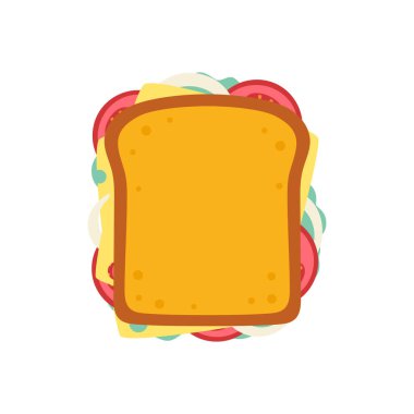 Beyaz arka planda izole edilmiş sandviç, fast food düz vektör çizimi, jambonlu ekmek tostu, domates, peynir, salata ve soğan.