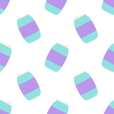 Alüminyum metal kutuda karbonatlı içeceğin karbonatlı vektör çizimi, beyaz arka planda dikişsiz fast food deseni