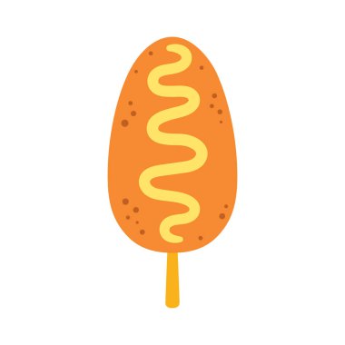 Şirin renk ikonu, Kore sokak fast food 'u, hardallı ekmek kırıntılarında kızartılmış Asya sosisi, beyaza izole edilmiş çizgi film atıştırmalığı, vektör çizimi.