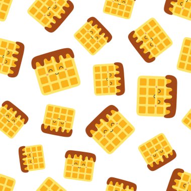 Beyaz üzerine izole edilmiş Belçika waffleları, tekstil için karikatür vektör çizimi, çikolatalı kawaii Belçika waffle 'ı.