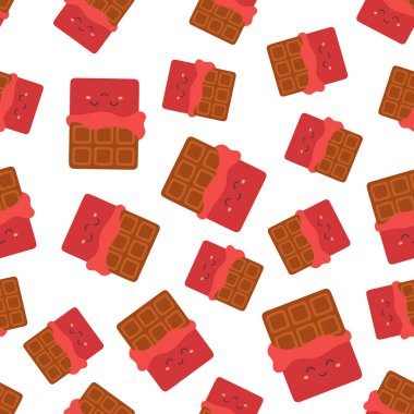 Sevimli, mutlu çikolata kalıpları, komik şeker karakterleri, tekstil, duvar kağıdı ve ambalaj kağıdı için karikatür baskısı olan kusursuz vektör kalıbı.