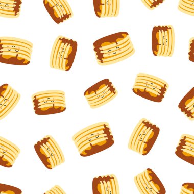 Sevimli ve komik krepler. Kusursuz bir şekilde gülümseyen krepler. Çizgi film kawaii karakteri.