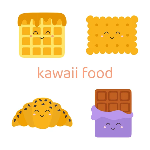 Kawaii Alimentos Personajes Barra Chocolate Gofres Belgas Galleta Croissant Linda — Vector de stock