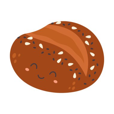 beyaz arka planda izole edilmiş susamlı ve ayçiçeği tohumlu karikatür karakteri çavdar ekmeği