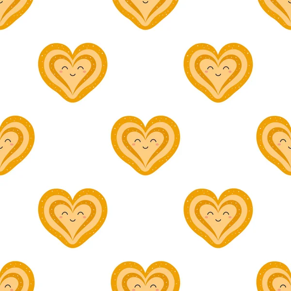 Cinnamon Bun Seamless Pattern Sweet Roll Shape Heart Character White — Stock Vector