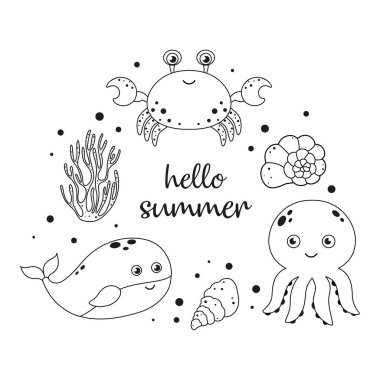Çizgili deniz hayvanları ve yaratıklar, siyah beyaz yengeç, balina, ahtapot ve beyaz arka planda izole edilmiş merhaba yazları.