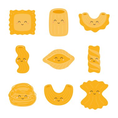 İtalyan makarna karakterleri, komik şehriye ürünleri spagetti, rigatoni, farfalle, ravioli ve fusilli İtalyan yemeklerinin düz stil vektör çizimi.