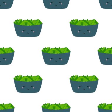 Kawaii tarzında deniz yosunlu kusursuz suşi deseni, sevimli çizgi film yüz ruloları, Wakame salatalı vektör illüstrasyonu