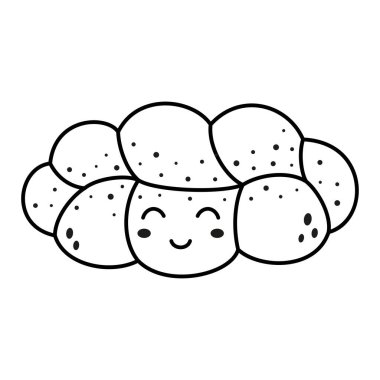 challah, geleneksel örülmüş ekmek somunu karakteri, siyah ve çizgi çizgi çizgi film vektör çizimi düz stil