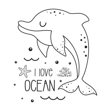 Yunus resimlerinin siyah ve beyaz şirin vektör çizimi, komik hayvanlı çizgi film kartı, denizcilik baskısı