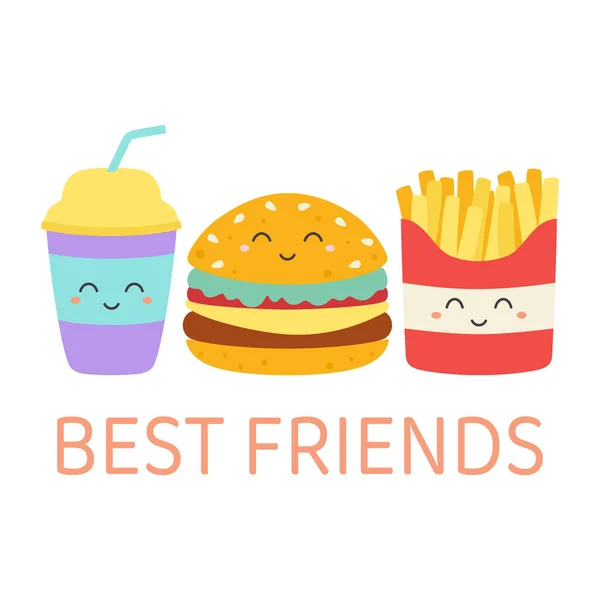 有快乐汉堡包 薯条和饮料的可爱卡片 卡通风格的矢量插图 快餐概念 — 图库矢量图片